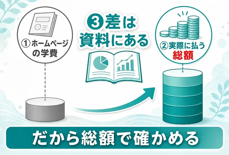 ホームページの学費と実際に払う総額の比較